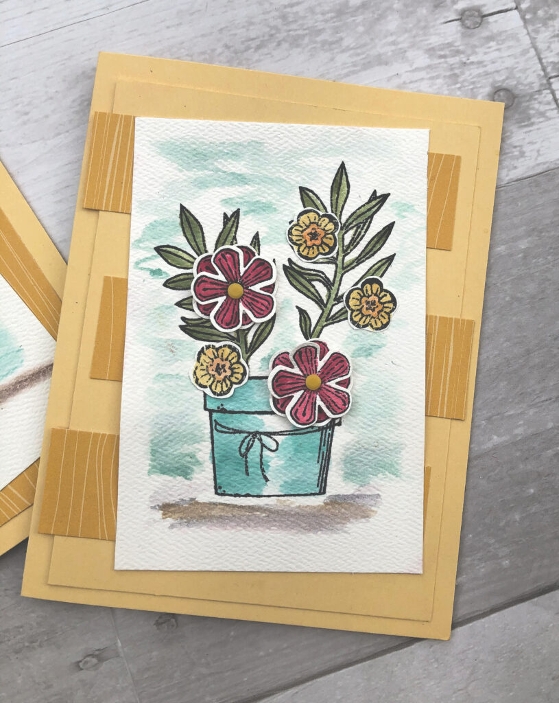 stampin up basket of blooms card with water coloring techniques